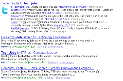"tech jobs": Twitter on top, Google on bottom