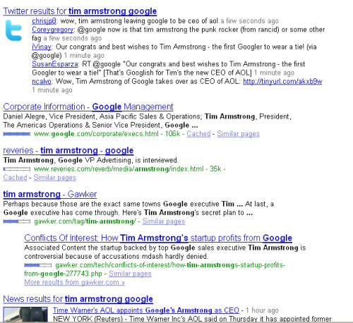 "tim armstrong" search: Twitter at top, Google at bottom